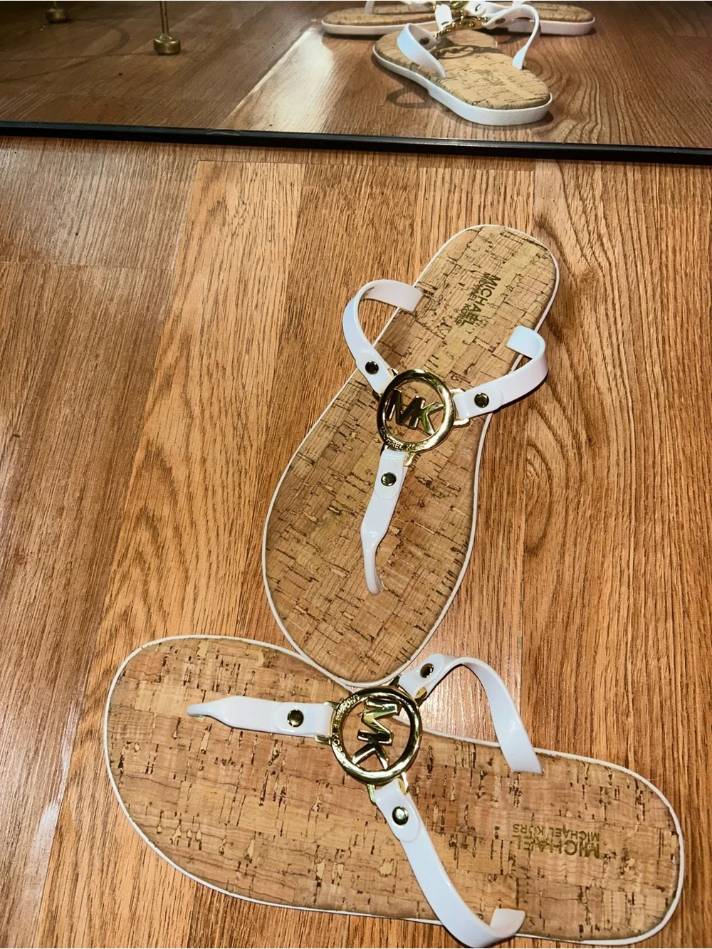 Michael Kors White and Gold MK Logo Cork Thong Sandals